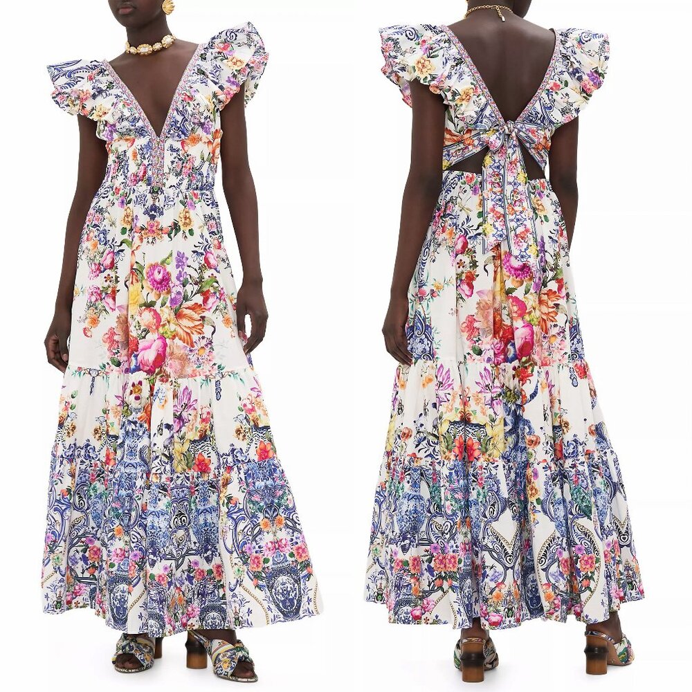 CAMILLA "Dutch Is Life" Tiered Frill V-Neck Open Back Maxi Cotton Dress, L $899 - Picture 12 of 16